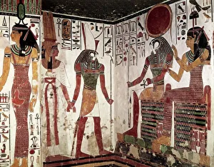 Egypt, Luxor, Valley of the Queens, Nefertari's Tomb, Details form frescos in vestibule with Harsiesi leading Queen and Imentet Hathor and Ra-Harakhti by the hand Egypt, Luxor, Valley of the Queens, Nefertari's Tomb, Details form frescos in vestibule with Harsiesi leading Queen and Imentet Hathor and Ra-Harakhti by the hand