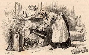 A maid pouring a jug of water on a fire in an attempt to prevent it setting the chimney A maid pouring a jug of water on a fire in an attempt to prevent it setting the chimney