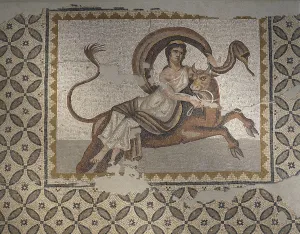 Mosaic depicting Europa abducted by Zeus transformed into bull, from Byblos, Lebanon Mosaic depicting Europa abducted by Zeus transformed into bull, from Byblos, Lebanon