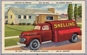 Oil Company Truck. ca. 1950, USA, COMPLETE OIL SERVICE -- DAY OR NITE -- OIL BURNER Oil Company Truck. ca. 1950, USA, COMPLETE OIL SERVICE -- DAY OR NITE -- OIL BURNER