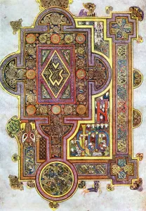 Opening words of St Luke's Gospel Quoniam. Book of Kells 6th century manuscript Opening words of St Luke's Gospel Quoniam. Book of Kells 6th century manuscript