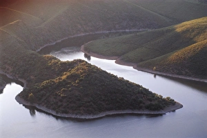 Spain, Extramadura, Monfrague National Park, Aerial view of promontory surrounded by Rio Spain, Extramadura, Monfrague National Park, Aerial view of promontory surrounded by Rio