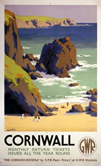 <b class=qtipBold><figcaption>'Cornwall', GWR poster, 1938</figcaption></b><br>Poster produced for the Great Western Railway (GWR) to promote monthly return tickets to Cornwall. The poster shows holidaymakers on a beach surrounded by rocks and cliffs. Artwork by Herbert Alker Tripp (1883-1954), who had a long and successful career with New Scotland Yard. He painted in his spare time and after his retirement. He designed posters for SR and Great Western Railway (GWR) and was knighted in 1945. Dimensions: 1016 mm x 635 mm.<br><em>© NRM/Pictorial Collection</em> 'Cornwall', GWR poster, 1938