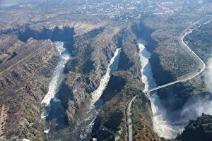 Aerial view, gorge with the Victoria Falls Bridge over the Zambezi River, at Victoria Falls, Livingstone, Zambia Aerial view, gorge with the Victoria Falls Bridge over the Zambezi River, at Victoria Falls, Livingstone, Zambia