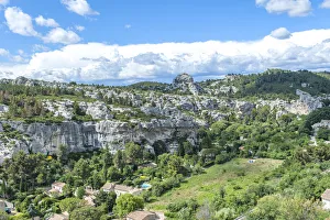 Aerial view of valley on sunny day, Les Baux de Provence, Provence, France Aerial view of valley on sunny day, Les Baux de Provence, Provence, France