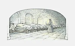 Black and white illustration of Florence Nightingale walking with lamp near beds of Black and white illustration of Florence Nightingale walking with lamp near beds of