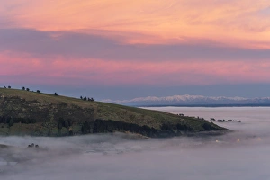Christchurch in the fog before sunrise, in front of the Southern Alps, South Island Christchurch in the fog before sunrise, in front of the Southern Alps, South Island