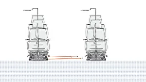 Digital illustration showing flat trajectory of cannonballs fired from fully rigged 18th Digital illustration showing flat trajectory of cannonballs fired from fully rigged 18th