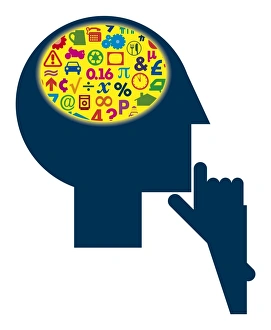 Digital illustration of signs and symbols inside head representing different areas of the Digital illustration of signs and symbols inside head representing different areas of the