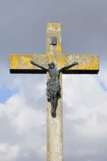 Field cross with a figure of Christ, Swabian Alb, Baden-Wuerttemberg, Germany, Europe Field cross with a figure of Christ, Swabian Alb, Baden-Wuerttemberg, Germany, Europe