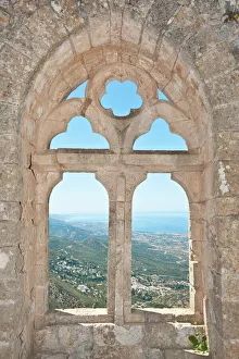 Gothic tracery, decorated window, St. Hilarion Castle, crusader castle, overlooking sea and coast, Turkish Republic of Northern Cyprus, Cyprus, Europe Gothic tracery, decorated window, St. Hilarion Castle, crusader castle, overlooking sea and coast, Turkish Republic of Northern Cyprus, Cyprus, Europe