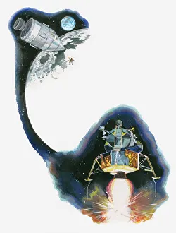 Illustration of first Apollo moon landing and rocket boosters underneath Eagle lunar Illustration of first Apollo moon landing and rocket boosters underneath Eagle lunar