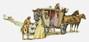 Illustration of highwayman Claude Duval greeting female passenger as men attack carriage Illustration of highwayman Claude Duval greeting female passenger as men attack carriage