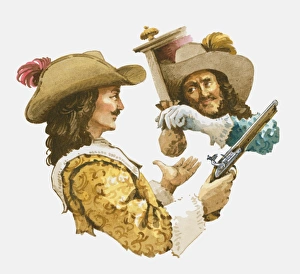 Illustration of highwayman holding handgun as he takes bag of gold coins from aristocrat Illustration of highwayman holding handgun as he takes bag of gold coins from aristocrat