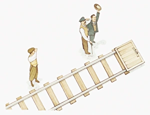 Illustration of the Wright Brother's and newspaper reporter looking up at sky as they Illustration of the Wright Brother's and newspaper reporter looking up at sky as they