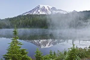 Mount Rainier and Reflection Lakes in fog, Mount Rainier National Park, Washington State Mount Rainier and Reflection Lakes in fog, Mount Rainier National Park, Washington State