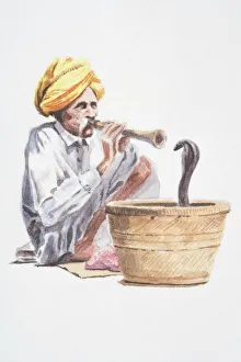 Snake charmer playing flute-like instrument, snake emerging from basket in front Snake charmer playing flute-like instrument, snake emerging from basket in front