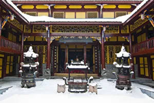 Snow on courtyard in Dragon King rear temple of Huanglong Temple buildings, Huanglong National Park, Sichuan Province, China Snow on courtyard in Dragon King rear temple of Huanglong Temple buildings, Huanglong National Park, Sichuan Province, China