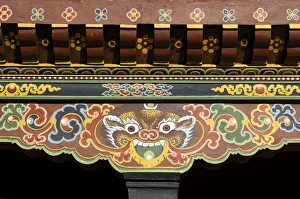 Symbolic representation of a tiger on the beams of a building, Thimphu, Bhutan, South Asia Symbolic representation of a tiger on the beams of a building, Thimphu, Bhutan, South Asia