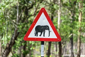 Traffic signs, warning of crossing elephants, Nagarhole National Park, Karnataka, India Traffic signs, warning of crossing elephants, Nagarhole National Park, Karnataka, India