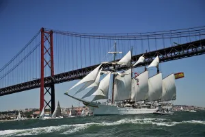 Sailing boat Juan Sebastian De Elcano sails at the Tejo River in Lisbon on July 22 Sailing boat Juan Sebastian De Elcano sails at the Tejo River in Lisbon on July 22
