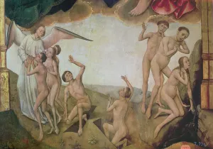 An angel welcomes the blessed into heaven while on the right the damned are being An angel welcomes the blessed into heaven while on the right the damned are being