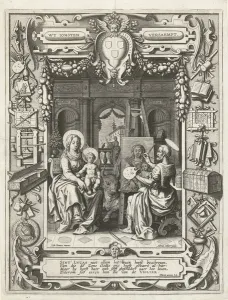 Coat of arms of the Guild of Saint Luke with Saint Luke painting Madonna and Child Coat of arms of the Guild of Saint Luke with Saint Luke painting Madonna and Child