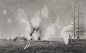 Combat between the Confederate CSS Virginia (left) and the Union USS Monitor (centre) Combat between the Confederate CSS Virginia (left) and the Union USS Monitor (centre)