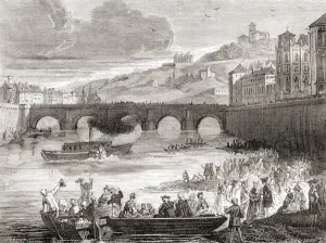 The first demonstration on the river Seine in France of the early experimental steamship The first demonstration on the river Seine in France of the early experimental steamship