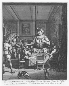 Gargantua sees his son Pantagruel carrying his crib, illustration from 'Gargantua Gargantua sees his son Pantagruel carrying his crib, illustration from 'Gargantua