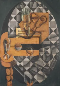 Guitar, Bottle, and Glass, 1914 (pasted papers, gouache & crayon on canvas) Guitar, Bottle, and Glass, 1914 (pasted papers, gouache & crayon on canvas)