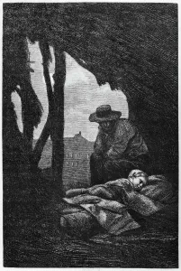 Jean Valjean watching over Cosette asleep, illustration from 'Les Miserables' Jean Valjean watching over Cosette asleep, illustration from 'Les Miserables'