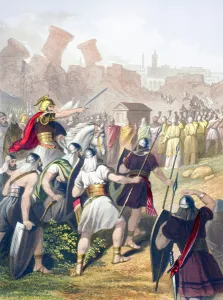 Joshua at the head of the Israelite army in front of the walls of Jericho (colour litho) Joshua at the head of the Israelite army in front of the walls of Jericho (colour litho)