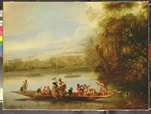 A landscape with a crowded ferry crossing the water in the foreground (oil on canvas) A landscape with a crowded ferry crossing the water in the foreground (oil on canvas)