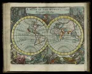A map of the world from Atlas maritimus by John Seller, 1682 (hand coloured engraving) A map of the world from Atlas maritimus by John Seller, 1682 (hand coloured engraving)