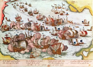Naval Combat between the Beggars of the Sea and the Spanish in 1573 (coloured engraving) Naval Combat between the Beggars of the Sea and the Spanish in 1573 (coloured engraving)
