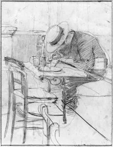 Paul Cesar Helleu at a table in a cafe (pencil on paper) (b/w photo) Paul Cesar Helleu at a table in a cafe (pencil on paper) (b/w photo)