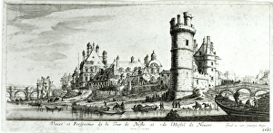 Perspective view of the Tour de Nesle and the Hotel de Nevers (engraving) (b/w photo) Perspective view of the Tour de Nesle and the Hotel de Nevers (engraving) (b/w photo)