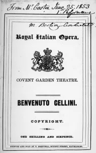 Programme for the opera 'Benvenuto Cellini' by Berlioz, performed in 1853 Programme for the opera 'Benvenuto Cellini' by Berlioz, performed in 1853