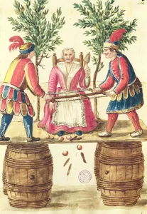 Two Venetian magicians sawing a woman in half (pen & ink and w/c on paper) Two Venetian magicians sawing a woman in half (pen & ink and w/c on paper)