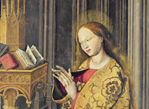 The Virgin Mary reading from a book of Hours, c.1445 (oil on panel) (detail of 26541) The Virgin Mary reading from a book of Hours, c.1445 (oil on panel) (detail of 26541)
