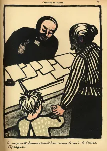 A woman and child hand over their savings to the priest, from Crimes and Punishments' A woman and child hand over their savings to the priest, from Crimes and Punishments'