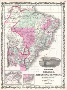 1862, Johnson Map of Brazil, Paraguay, Uruguay and Argentina, topography, cartography 1862, Johnson Map of Brazil, Paraguay, Uruguay and Argentina, topography, cartography