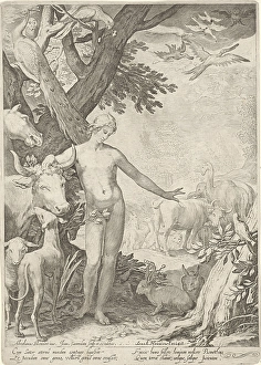 Adam stands in the foreground, around him all kinds of animals bull, dog, Schapp Adam stands in the foreground, around him all kinds of animals bull, dog, Schapp
