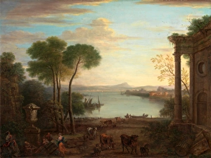 Classical Landscape Classical Landscape with Figures and Animals: Dawn Signed Classical Landscape Classical Landscape with Figures and Animals: Dawn Signed