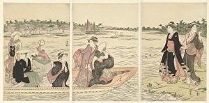 Ferry Sumida River six passengers sailing two women waiting Ferry Sumida River six passengers sailing two women waiting