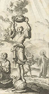 Figure stands on an orb and holds a smoking sacrifice dish in the air, Jan Luyken Figure stands on an orb and holds a smoking sacrifice dish in the air, Jan Luyken