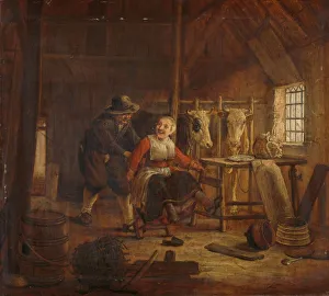 Flirtation Cowshed cowshed servant scares farm girl Flirtation Cowshed cowshed servant scares farm girl