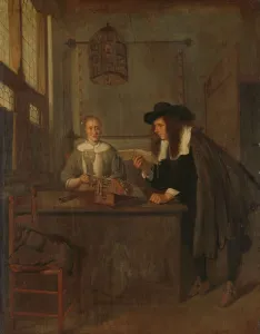 Interior Lace-Worker Visitor man reads bent small book Interior Lace-Worker Visitor man reads bent small book
