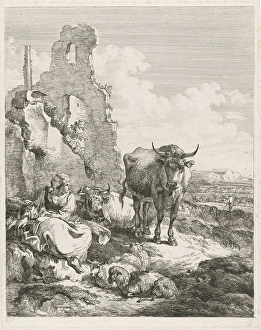 Landscape with portrait and landscape with cow and shepherdess before a ruin, Pieter Landscape with portrait and landscape with cow and shepherdess before a ruin, Pieter